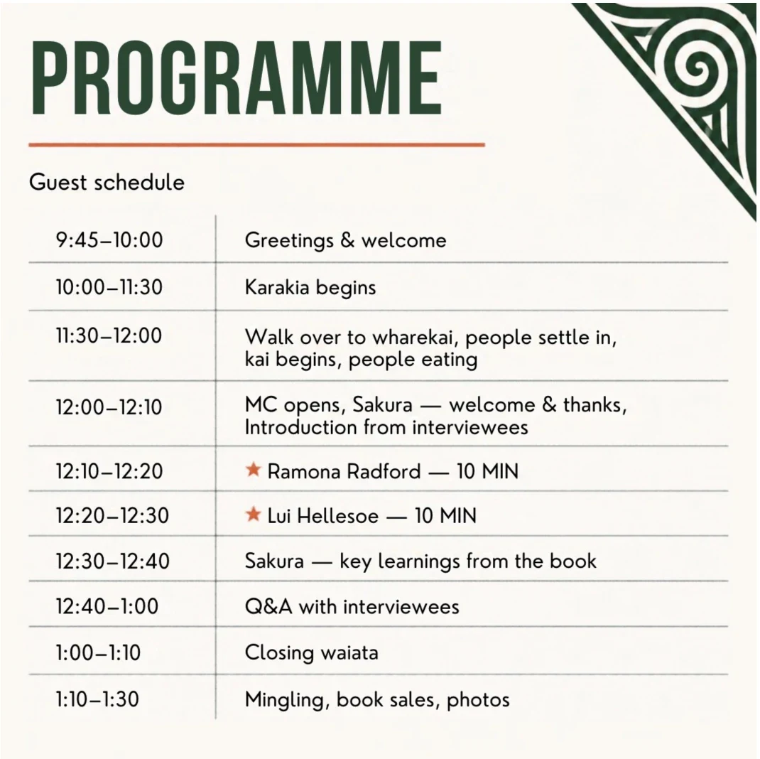 Book launch programme — guest schedule: 9.45am greetings and welcome, 10am karakia, 11.30am walk to the wharekai and kai, 12pm MC opens with Sakura's welcome and introductions, 12.10pm Ramona Radford, 12.20pm Lui Hellesoe, 12.30pm Sakura on key learnings from the book, 12.40pm Q&A with interviewees, 1pm closing waiata, 1.10pm mingling, book sales and photos until 1.30pm.